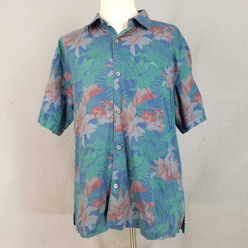 Tommy‎ Bahama Shirt Mens XL Blue Green Floral Tropical Cotton Button Up Aloha